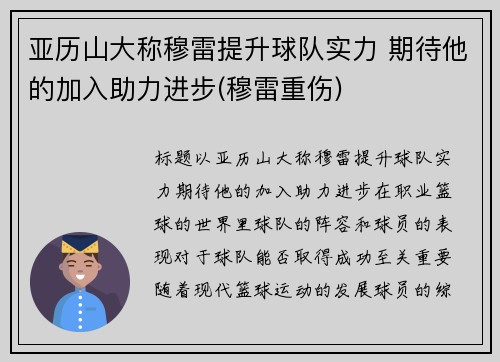 亚历山大称穆雷提升球队实力 期待他的加入助力进步(穆雷重伤)